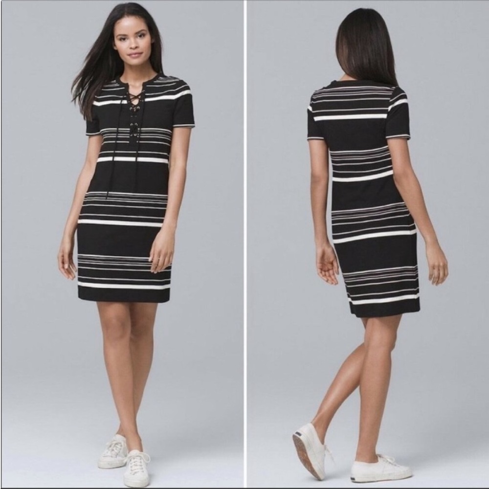 WHBM Short-Sleeve Stripe Lace-Up Knit Shift Dress